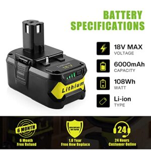 Powilling 2Pack 6.0Ah 18V Replacement Battery for Ryobi 18V Lithium Battery P102 P103 P105 P107 P108 P109 Ryobi ONE+ Cordless Tool