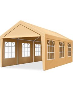 quictent 10’x20′ heavy duty carport gazebo canopy garage outdoor car shelter beige (with windows)
