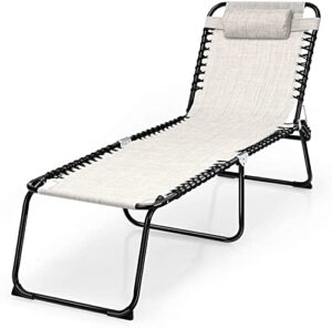 tangkula outdoor folding chaise lounge chair, 4-position adjustable reclining chair with pillow, portable lightweight beach lounge chair for outdoor, patio, lawn, sunbathing (1, grey)