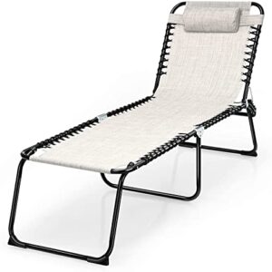 Tangkula Outdoor Folding Chaise Lounge Chair, 4-Position Adjustable Reclining Chair with Pillow, Portable Lightweight Beach Lounge Chair for Outdoor, Patio, Lawn, Sunbathing (1, Grey)