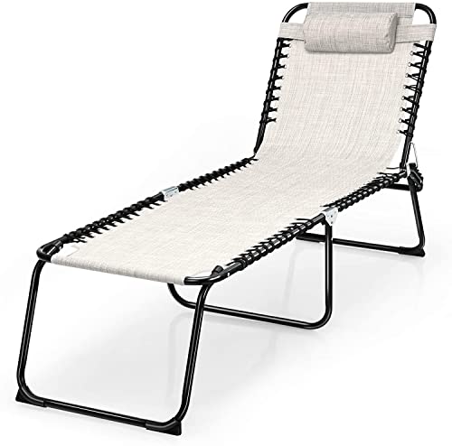 Tangkula Outdoor Folding Chaise Lounge Chair, 4-Position Adjustable Reclining Chair with Pillow, Portable Lightweight Beach Lounge Chair for Outdoor, Patio, Lawn, Sunbathing (1, Grey)