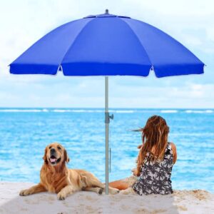 wikiwiki 7ft beach umbrella for sand, portable sunshade umbrella with sand anchor, carry bag, push button tilt, air vents, spf60+ protection sun shelter for sand and outdoor activities (blue)
