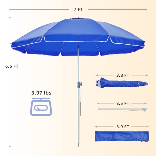 wikiwiki 7FT Beach Umbrella for Sand, Portable Sunshade Umbrella with Sand Anchor, Carry Bag, Push Button Tilt, Air Vents, SPF60+ Protection Sun Shelter for Sand and Outdoor Activities (Blue)