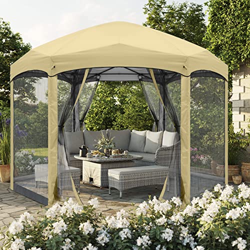 COOSHADE Pop Up Gazebo 6 Sided Screened Canopy Tent Outdoor Screen House(Beige)