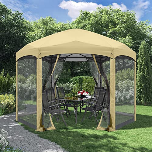 COOSHADE Pop Up Gazebo 6 Sided Screened Canopy Tent Outdoor Screen House(Beige)