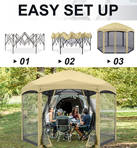 COOSHADE Pop Up Gazebo 6 Sided Screened Canopy Tent Outdoor Screen House(Beige)