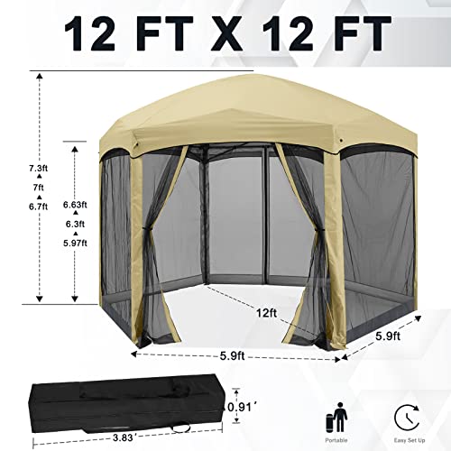 COOSHADE Pop Up Gazebo 6 Sided Screened Canopy Tent Outdoor Screen House(Beige)