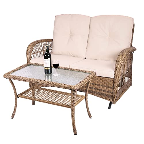 MEETWARM Outdoor Wicker Patio Glider Set with Glass-Top Coffee Table, Loveseat for 2 Person Porch Furniture Glider, Patio Glider Rocking Bench with Thickened Cushions