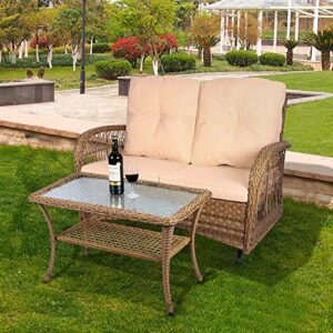 MEETWARM Outdoor Wicker Patio Glider Set with Glass-Top Coffee Table, Loveseat for 2 Person Porch Furniture Glider, Patio Glider Rocking Bench with Thickened Cushions