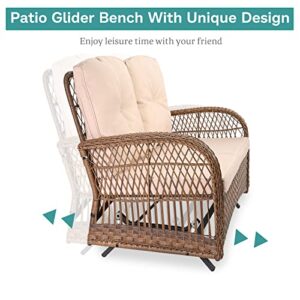 MEETWARM Outdoor Wicker Patio Glider Set with Glass-Top Coffee Table, Loveseat for 2 Person Porch Furniture Glider, Patio Glider Rocking Bench with Thickened Cushions