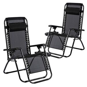 hcb reclining patio chairs zero gravity chair portable lawn chairs foldable outdoor mesh lounge chair with adjustable headrest pillow cup holder trays, set of 2 (black)