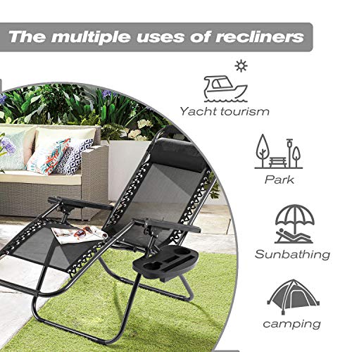 HCB Reclining Patio Chairs Zero Gravity Chair Portable Lawn Chairs Foldable Outdoor Mesh Lounge Chair with Adjustable Headrest Pillow Cup Holder Trays, Set of 2 (Black)