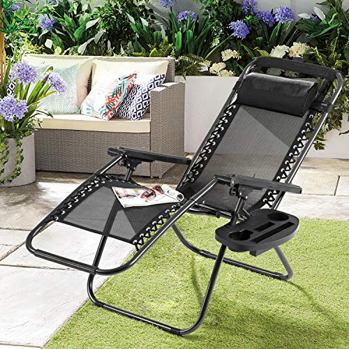 HCB Reclining Patio Chairs Zero Gravity Chair Portable Lawn Chairs Foldable Outdoor Mesh Lounge Chair with Adjustable Headrest Pillow Cup Holder Trays, Set of 2 (Black)
