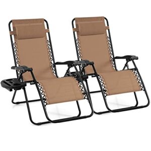 giantex 2 pcs zero gravity chair patio chaise lounge chairs outdoor yard pool recliner folding lounge chair with cup holder (beige)