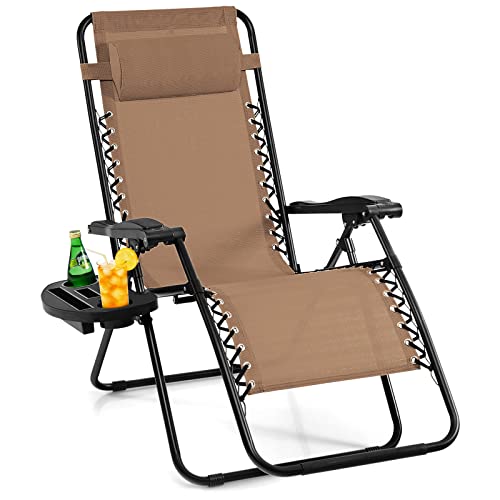 Giantex 2 PCS Zero Gravity Chair Patio Chaise Lounge Chairs Outdoor Yard Pool Recliner Folding Lounge Chair with Cup Holder (Beige)