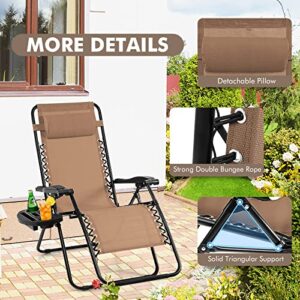 Giantex 2 PCS Zero Gravity Chair Patio Chaise Lounge Chairs Outdoor Yard Pool Recliner Folding Lounge Chair with Cup Holder (Beige)