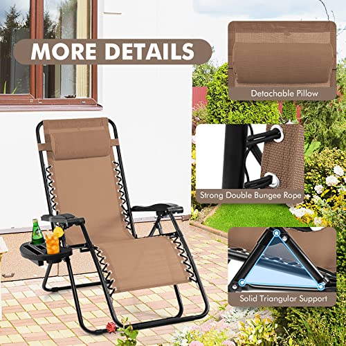 Giantex 2 PCS Zero Gravity Chair Patio Chaise Lounge Chairs Outdoor Yard Pool Recliner Folding Lounge Chair with Cup Holder (Beige)