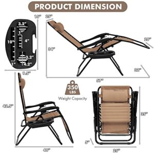 Giantex 2 PCS Zero Gravity Chair Patio Chaise Lounge Chairs Outdoor Yard Pool Recliner Folding Lounge Chair with Cup Holder (Beige)