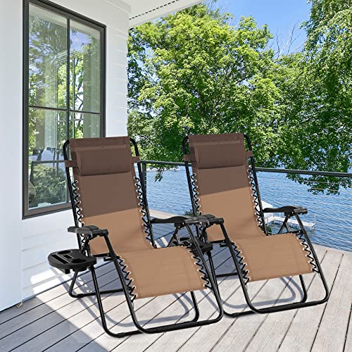 Giantex 2 PCS Zero Gravity Chair Patio Chaise Lounge Chairs Outdoor Yard Pool Recliner Folding Lounge Chair with Cup Holder (Beige)