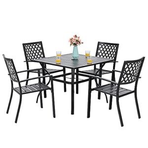 PHI VILLA 5-Piece Metal Patio Outdoor Dining Set- 37" Square Bistro Table and 4 Backyard Armrest Chairs, Table with 1.57" Umbrella Hole for Patio, Deck