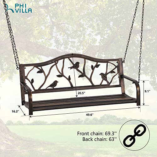 PHI VILLA Outdoor Metal Porch Swing, Outdoor Steel Hanging Swing Chair Patio Bench Swing with Sturdy Chains & Bird Pattern Backrest, 450lbs Weight Capacity for Porch, Deck-Bronze