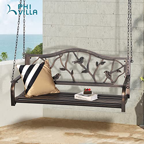 PHI VILLA Outdoor Metal Porch Swing, Outdoor Steel Hanging Swing Chair Patio Bench Swing with Sturdy Chains & Bird Pattern Backrest, 450lbs Weight Capacity for Porch, Deck-Bronze