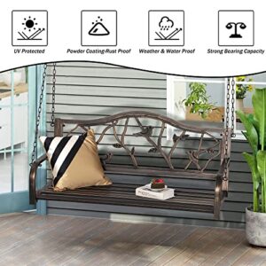 PHI VILLA Outdoor Metal Porch Swing, Outdoor Steel Hanging Swing Chair Patio Bench Swing with Sturdy Chains & Bird Pattern Backrest, 450lbs Weight Capacity for Porch, Deck-Bronze
