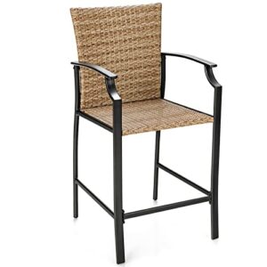 Tangkula Patio Rattan Bar Stools Set of 4, Outdoor Wicker Bar Height Chairs W/Soft Cushions, High Backrest & Curved Armrest, Convenient Footrest, Ideal for Garden, Poolside, Balcony