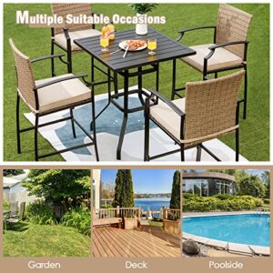 Tangkula Patio Rattan Bar Stools Set of 4, Outdoor Wicker Bar Height Chairs W/Soft Cushions, High Backrest & Curved Armrest, Convenient Footrest, Ideal for Garden, Poolside, Balcony