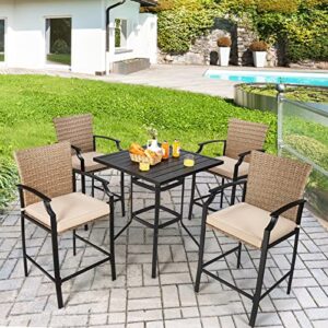 Tangkula Patio Rattan Bar Stools Set of 4, Outdoor Wicker Bar Height Chairs W/Soft Cushions, High Backrest & Curved Armrest, Convenient Footrest, Ideal for Garden, Poolside, Balcony