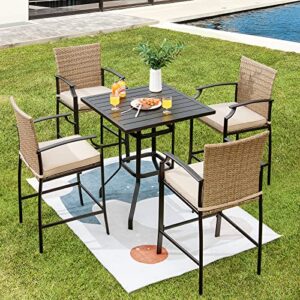 Tangkula Patio Rattan Bar Stools Set of 4, Outdoor Wicker Bar Height Chairs W/Soft Cushions, High Backrest & Curved Armrest, Convenient Footrest, Ideal for Garden, Poolside, Balcony