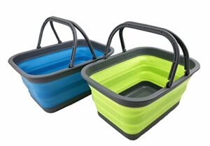 sammart 12l (3.17gallon) set of 2 collapsible tub with handle – portable outdoor picnic basket/crater – foldable shopping bag – space saving storage container (grass green + cerulean)