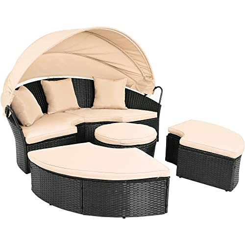 YITAHOME Patio Round Outdoor Daybed with Retractable Canopy Rattan Wicker Clamshell Furniture Seating with Soft Cushions for Backyard Porch Poolside (Beige)