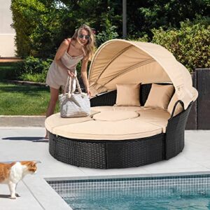 YITAHOME Patio Round Outdoor Daybed with Retractable Canopy Rattan Wicker Clamshell Furniture Seating with Soft Cushions for Backyard Porch Poolside (Beige)