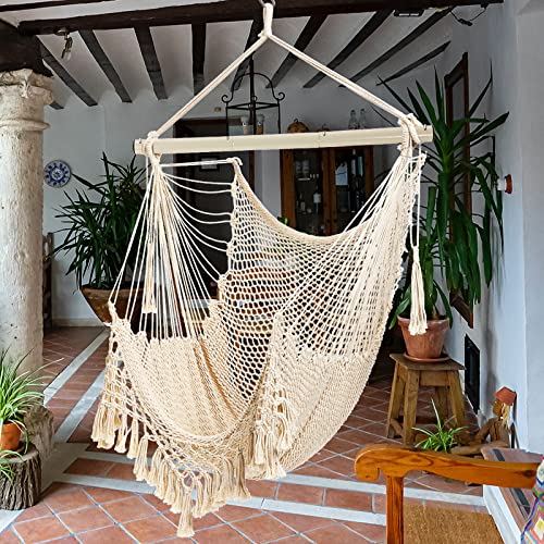 Hammock Chair，Max 330lbs, Large Hanging Chair, Soft Cotton Rope Swing Chair with High Load-Bearing Metal Rod,Indoor Outdoor Garden Yard Living Room Use