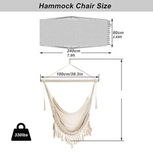 Hammock Chair，Max 330lbs, Large Hanging Chair, Soft Cotton Rope Swing Chair with High Load-Bearing Metal Rod,Indoor Outdoor Garden Yard Living Room Use