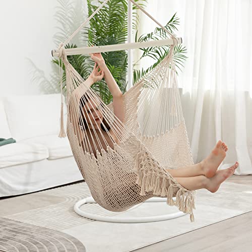 Hammock Chair，Max 330lbs, Large Hanging Chair, Soft Cotton Rope Swing Chair with High Load-Bearing Metal Rod,Indoor Outdoor Garden Yard Living Room Use