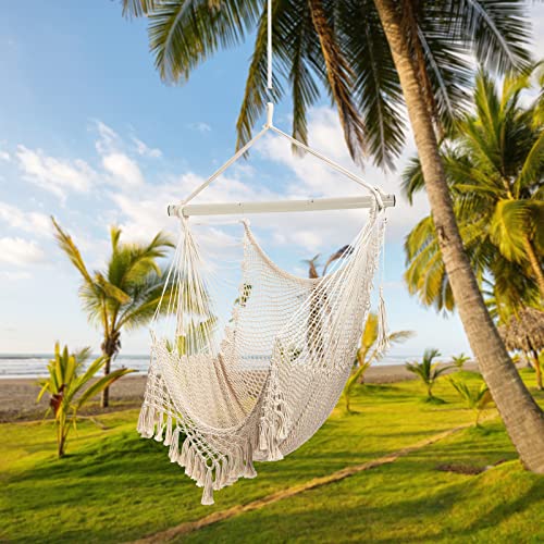 Hammock Chair，Max 330lbs, Large Hanging Chair, Soft Cotton Rope Swing Chair with High Load-Bearing Metal Rod,Indoor Outdoor Garden Yard Living Room Use