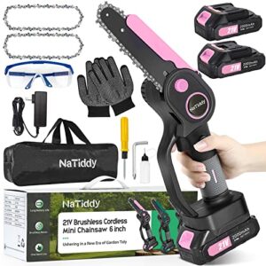 natiddy mini chainsaw,6 inch battery powered brushless cordless mini chainsaw with 2 x 2000mah rechargeable battery,portable one-handed handheld small electric chainsaw for tree trimming wood cutting