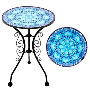 lifoberstar small patio side table 21″ end table with 14″ blue mosaic glass top round accent table bistro balcony coffee tables plant stand for livingroom bedroom indoor outdoor furniture