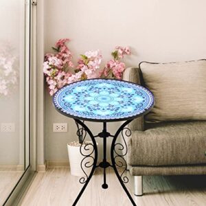 Lifoberstar Small Patio Side Table 21" End Table with 14" Blue Mosaic Glass Top Round Accent Table Bistro Balcony Coffee Tables Plant Stand for Livingroom Bedroom Indoor Outdoor Furniture