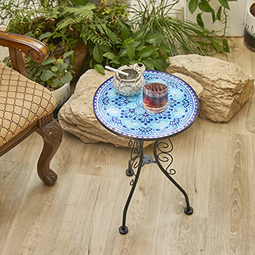 Lifoberstar Small Patio Side Table 21" End Table with 14" Blue Mosaic Glass Top Round Accent Table Bistro Balcony Coffee Tables Plant Stand for Livingroom Bedroom Indoor Outdoor Furniture