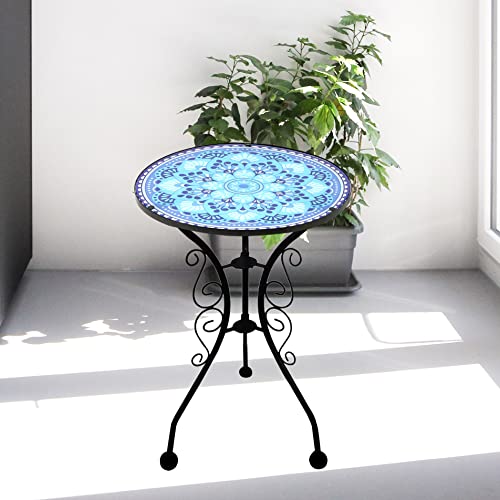 Lifoberstar Small Patio Side Table 21" End Table with 14" Blue Mosaic Glass Top Round Accent Table Bistro Balcony Coffee Tables Plant Stand for Livingroom Bedroom Indoor Outdoor Furniture