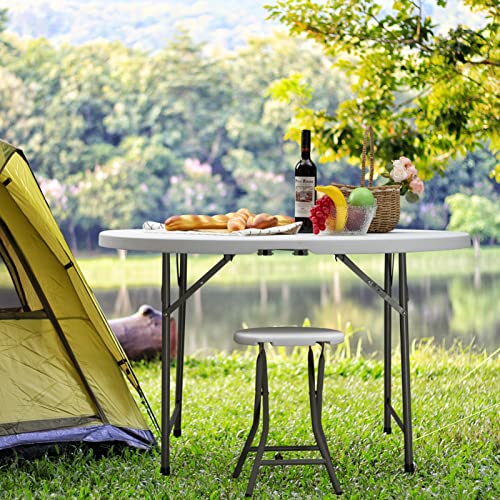 ALIMORDEN 4ft Round Bi-Folding Camp Picnic Table, 48" Portable Plastic Dining Table, Event Commercial Table, Indoor&Outdoor Heavy Duty Trestle Table for Wedding, Party, Garden, Patio, White Granite