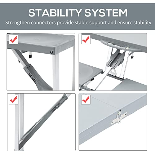 Outsunny Portable Foldable Camping Picnic Table Set with Four Chairs and Umbrella Hole, 4-Seats Aluminum Fold Up Travel Picnic Table, Grey