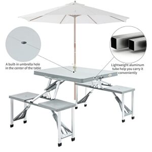 Outsunny Portable Foldable Camping Picnic Table Set with Four Chairs and Umbrella Hole, 4-Seats Aluminum Fold Up Travel Picnic Table, Grey