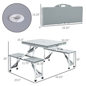 Outsunny Portable Foldable Camping Picnic Table Set with Four Chairs and Umbrella Hole, 4-Seats Aluminum Fold Up Travel Picnic Table, Grey