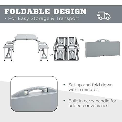 Outsunny Portable Foldable Camping Picnic Table Set with Four Chairs and Umbrella Hole, 4-Seats Aluminum Fold Up Travel Picnic Table, Grey