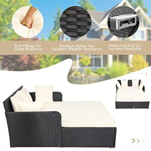 HAPPYGRILL Outdoor Daybed Rattan Wicker Patio Daybed with Padded Cushions Pillows and Sturdy Aluminum Foot, Patio Sofa Furniture Set for Garden Porch Poolside