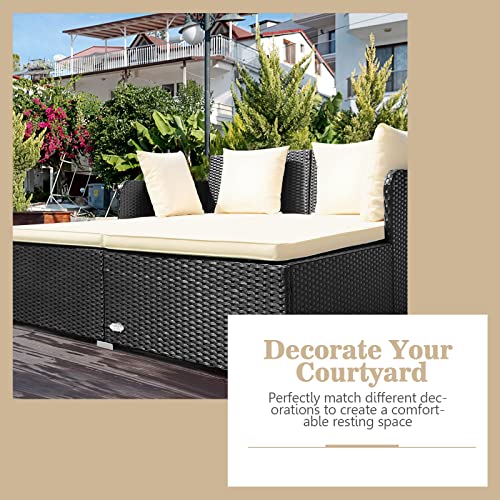 HAPPYGRILL Outdoor Daybed Rattan Wicker Patio Daybed with Padded Cushions Pillows and Sturdy Aluminum Foot, Patio Sofa Furniture Set for Garden Porch Poolside